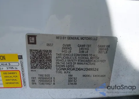 2017 Chevrolet Traverse 1Lt z USA, uszkodzony, nr VIN 1GNKRGKD6HJ349524